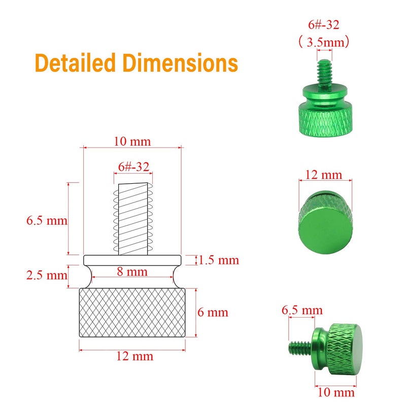 Powlankou 20 Pieces 6#-32 Computer Case Screws, Anodized Aluminum Thumbscrews, Fully Threaded Knurled Thumbscrews, Thumb Screws (Green) - Image 3